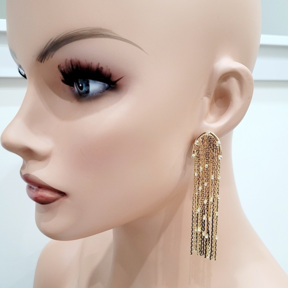 Brand New Gold Tone Rhinestone Tassel Long Earrings